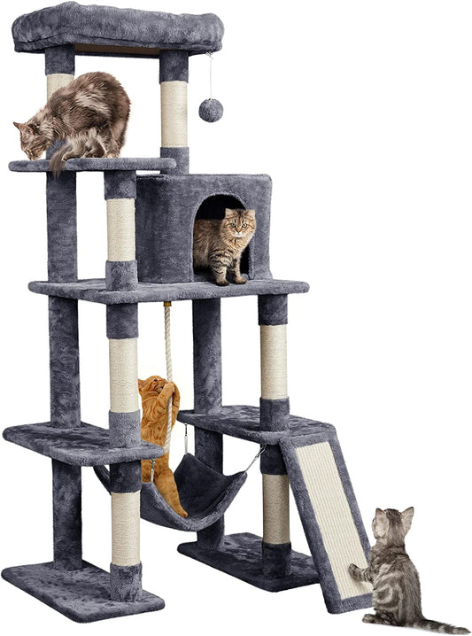 Large 63-Inch Multi-Level Cat Tree with Sisal-Covered Scratching Posts, Condo, Hammock, Dangling Ball, and Extended Platform for Play and Rest