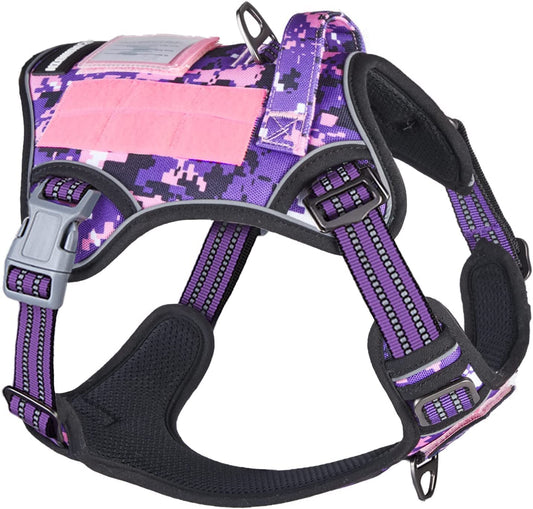 Tactical No-Pull Dog Harness for Large Breeds, Reflective Adjustable Vest with Handle in Purple Camo, Ideal for Training and Walking