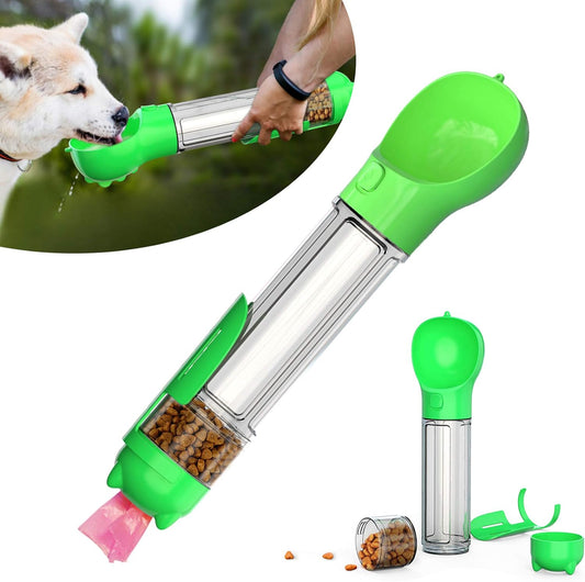 Multifunctional 4-in-1 Dog Travel Water Bottle with Food Compartment, Shovel, and Waste Bags - 500ml (Green)