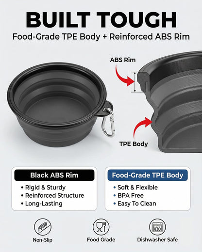 Collapsible Dog Bowls for Travel, 2-Pack Dog Portable Water Bowl for Dogs Cats Pet Foldable Feeding Watering Dish for Traveling Camping with Carabiners, BPA Free (Grey&Black, Large)