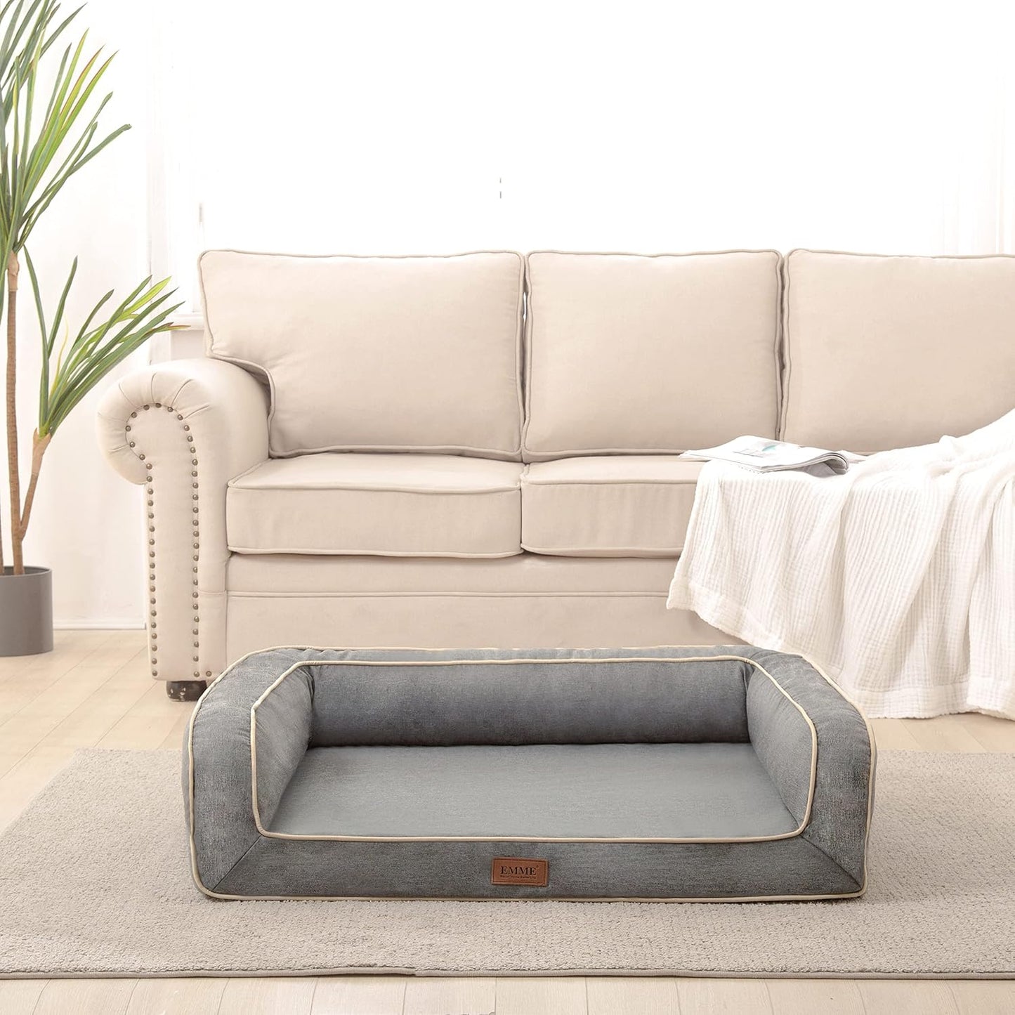 Deluxe Orthopedic Dog Sofa Bed with Egg Foam Mattress and Removable Washable Linen Cover for Small, Medium, and Large Dogs (Grey, Small)