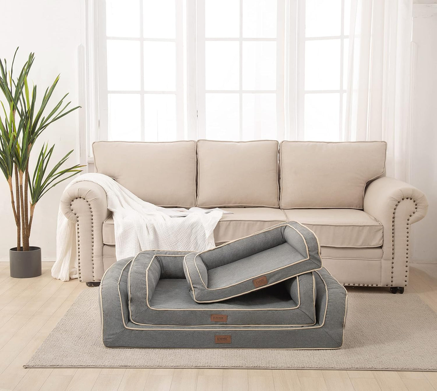 Deluxe Orthopedic Dog Sofa Bed with Egg Foam Mattress and Removable Washable Linen Cover for Small, Medium, and Large Dogs (Grey, Small)