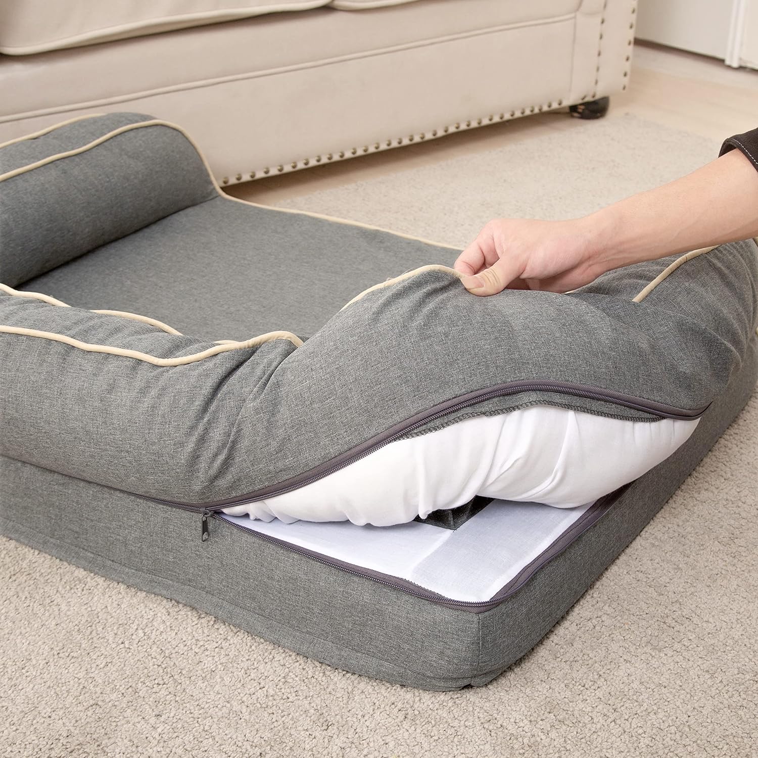 Deluxe Orthopedic Dog Sofa Bed with Egg Foam Mattress and Removable Washable Linen Cover for Small, Medium, and Large Dogs (Grey, Small)